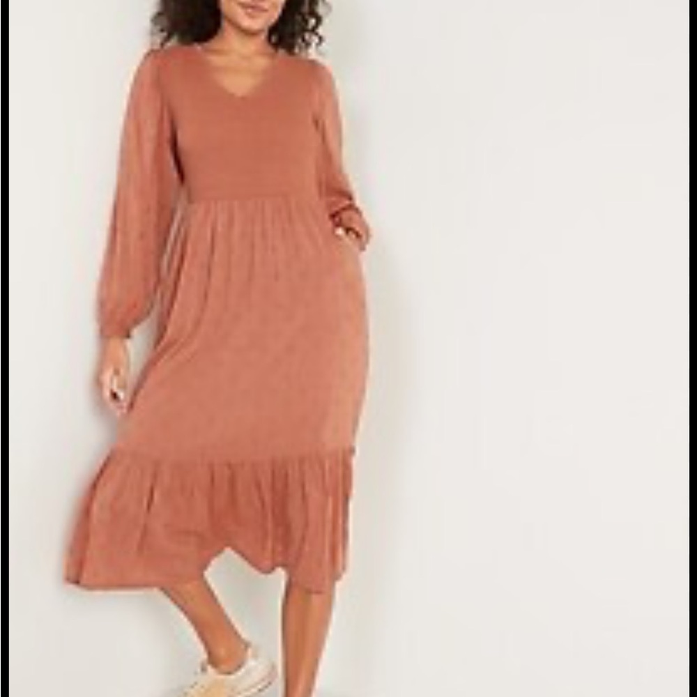 NWT Old Navy LS Smocked Clip Dot Midi Warm Hickory Dress Size M